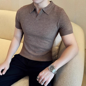 เสื้อโปโลแขนสั้นเข้ารูปสำหรับผู้ชาย, เสื้อคอตตอนผสมกาแฟสีน้ำตาลระบายอากาศ MLXL2XL3XL - Product Image 1