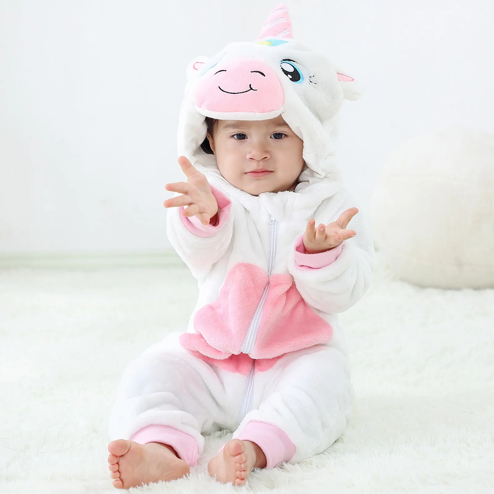 Michley Jumpsuit Bayi Perempuan, Kostum Unicorn Kartun Bertudung Siap Kirim