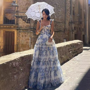 Vestido de Noche Largo de Organza con Estampado Floral y Hombros Descubiertos para Mujer, con Cintura Imperio, Sin Mangas y Capa Transparente, Ideal para Fiestas - Product Image 4