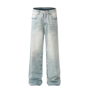 American Retro Wash to Do <strong>Old</strong> <strong>Light</strong> Blue Jeans Male European and American Fashion Brand High <strong>Street</strong> Straight Leg Pants Couple - Product Image 1