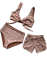 Ventes en gros de maillots de bain pour filles, en tissu côtelé à volants, ensembles de bikinis réversibles, vêtements de plage, séchage rapide, légers, shorts de bain