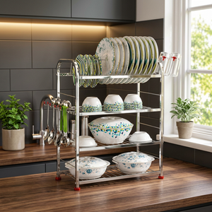 Étagère à vaisselle en métal à 3 niveaux, support de rangement multifonctionnel pour la cuisine avec crochets pour assiettes, bols, tasses - Product Image 1