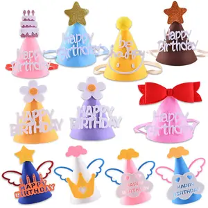 お誕生日おめでとうフェルト帽子蝶結びコーン帽子フラワーストロベリーキャップ赤ちゃんのDIY手作りクラウン子供のためのかわいいパーティー用品