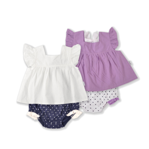 Ensemble de vêtements pour bébé fille été 2022, 2 pièces, hauts et jupes, tissu en velours 100% coton, violet et blanc, motif paisley, boutons en corne - Product Image 6