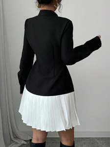 Abito Blazer Patchwork Bianco e <span class=keywords><strong>Nero</strong></span> Stile Preppy da Donna, Mini Abito Plissettato Doppiopetto Casual per Feste e Ufficio - Product Image 2