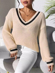 Suéteres Femininos de Tricô Estilo Preppy para Outono/Inverno, Decote em V, Casual, Tamanhos Grandes, Blusas de Tricô - Product Image 6