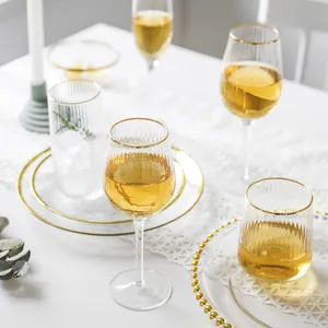 Pola kreatif minum Tumbler gelas tinggi cangkir gelas berbingkai emas berusuk gelas cangkir pencuci piring sampanye Flute gelas anggur Set