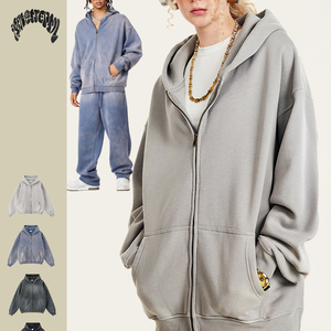 Sweat à capuche unisexe personnalisé, imprimé et brodé, effet vieilli, avec fermeture éclair, style streetwear oversize, haute qualité, 100% coton, écologique - Product Image 3