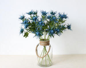 O-X0112 Fournisseur en gros 3 têtes de fleurs artificielles en plastique, éryngium à longue tige, éryngiums artificiels, fleur de chardon bleu - Product Image 2