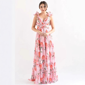 Vestido largo de noche con estampado floral, cuello en V, cintura natural, transpirable, para mujer. - Product Image 1