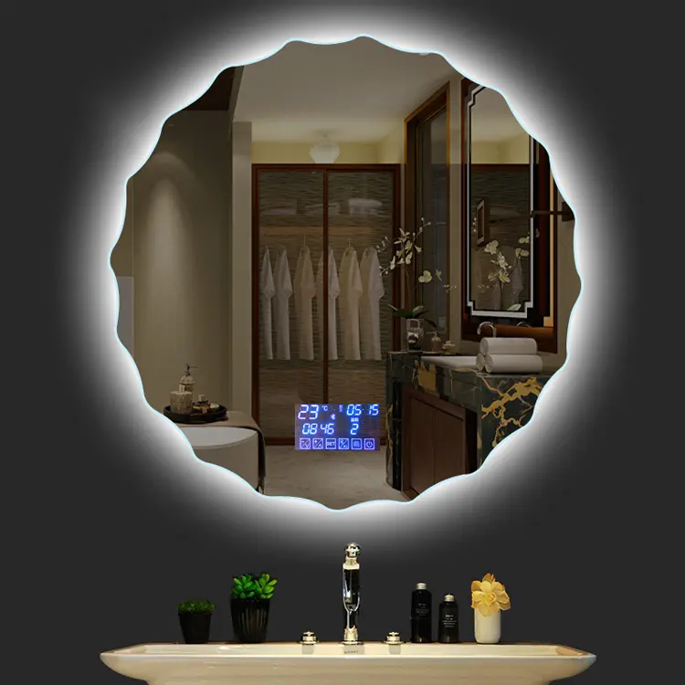 Miroir de salle de bain LED IP 66 de haute qualité avec affichage de l'heure Miroir de salle de bain mural avec lumière LED intelligente