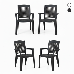 Confezione da 4 sedie in plastica con braccioli in metallo, impilabili e realizzate con materiale riciclato - nere - Product Image 1