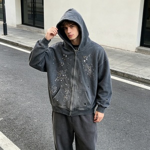 Men's Gray Rhinestone Hooded Zip-Up Sweatshirt Oversized Casual Autumn Wear 100% Cotton Vintage Washed Hoodie for Men - Product Image 1