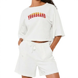 Conjunto de pantalones cortos de 2 piezas para mujer, de algodón tejido blanco, informal, holgado, con cuello redondo, manga corta, largo por encima de la rodilla, con estampado de letras - Product Image 1