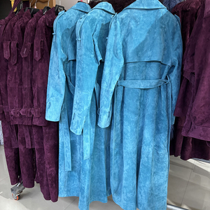 Abrigo Largo de Cuero <span class=keywords><strong>Azul</strong></span> de Moda para Mujer, Chaqueta Larga de Cuero Genuino con Doble Botonadura - Product Image 4