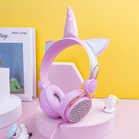Headset Lipat On-Ear Berkabel Unicorn Diamond untuk Anak dengan Mikrofon Telinga Kucing LED, Chipset JL, Tahan Air IPX4