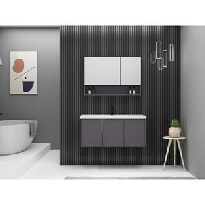 Conjunto de tocador de baño gris CR con gabinete de puerta doble con espejo y lavabo de cerámica de una pieza - Product Image 5
