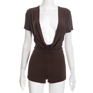 PEEQI D25RP581 Горячая новинка: весенний комбинезон для женщин, с коротким рукавом, однотонный, облегающий, с глубоким V-образным вырезом, сексуальный комбинезон с коротким рукавом - Product Image 6