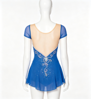 Robe de patinage artistique bleu roi à manches courtes, dos en V profond, jupe ornée de strass, pour filles adultes, compétition et performance