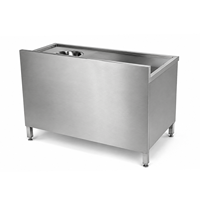 Meuble de cuisine en acier inoxydable avec porte coulissante, trou pour crédence et chariot de récupération des vaisselles sur roulettes