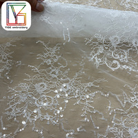 Tissu de Dentelle de Chantilly Brodé de Paillettes Élégant Blanc, Tissu de Dentelle en Maille de Paillettes Scintillantes de Luxe pour Robe de Mariée