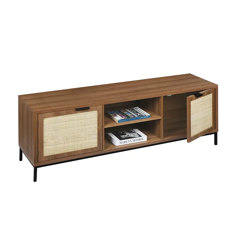 Wooden TV Stand for Living Room Bedroom, Rustic TV Console Table, Metal Frame with 2 Rattan Doors