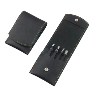 Juego de pinzas para cejas y tijeras de resorte RMI de alta calidad con revestimiento de color negro plasma y estuche magnético de cuero negro - Product Image 1
