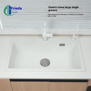 פרידה כיור מטבח יחיד מרובע אבן קוורץ לבן אבן אחד עיצוב דלפק התקנה כולל אגני גרניט ירקות - Product Image 4
