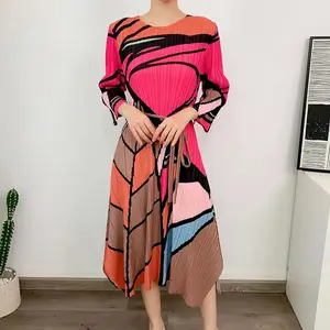 Pleated Dress For Women 2024 New Release Elastic And Loose Fit Plus Size Floral Print Half Sleeve Belted Midi Dress