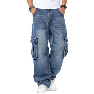 Men's <b>Jeans</b> Loose Fit Cargo <b>Jeans</b> Medium Wash Denim Pants Hip Hop Style <b>Baggy</b> Custom <b>Jeans</b> Men's Pants Trousers - Product Image 1