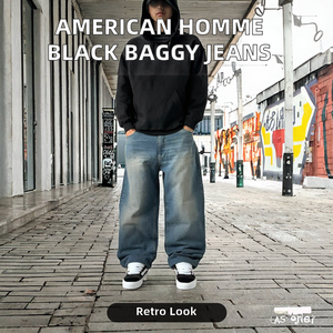 High Quality American Homme Black Straight Mid Waist Breathable Cotton Denim Pants <b>Hip</b> Hop Plus Size Men's Jeans Sale - Product Image 2