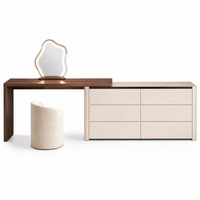 Ensemble coiffeuse en bois multi-niveaux finition huilée avec tiroirs, miroir LED nuage trois couleurs, rails à ouverture par pression, meuble de rangement pour chambre à coucher