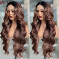 Perruque Synthétique KEMY HAIR à Onde Lâche avec Raie en T, Vente en Gros, Mélange Cuivré Brun Résistant à la Chaleur, Perruques Synthétiques pour Femmes
