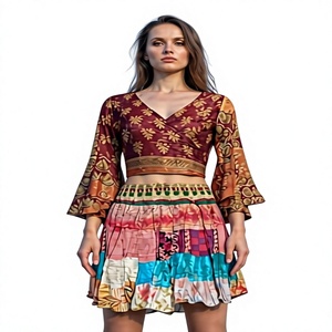 Indian Simple Modern Boho Design Vintage Silk Saree 2-Piece Top Set <b>Skirt</b> Women Lace Zippers Button Digital <b>Printing</b> Washable - Product Image 1
