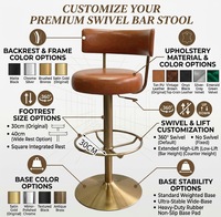 Tabouret de bar vintage en cuir avec dossier, pivotant et réglable en hauteur, en métal doré, pour restaurant et comptoir de bar