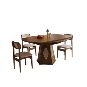 Nordic Modern Extendable Dining Table Rattan-<strong>Inlaid</strong> Pedestal Base Solid <strong>Wood</strong> Waterproof Assembled for Home Hotel Dining Room - Product Image 1