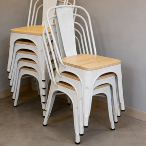 Sedia da pranzo per interni ed esterni, bianco perla, con struttura in metallo e seduta in legno, impilabile, per fattoria, caffè, ristorante, bistrot, patio - Product Image 6