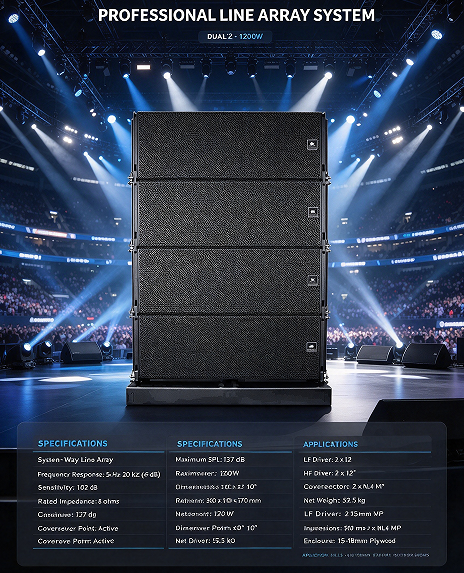 Professional Line Array System Dual 12 Inch 3-Way High Sensitivity Speaker for Multi-function Halls & Theaters & Outdoor Shows