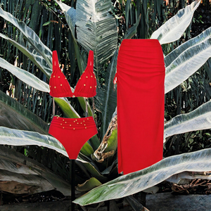 Wholesale Women Red <b>3</b> <b>Piece</b> Swimwear Luxury Studded High Waist <b>Bikini</b> Set with Matching Side Ruching Maxi Skirt Beach Cover Up - Product Image 3