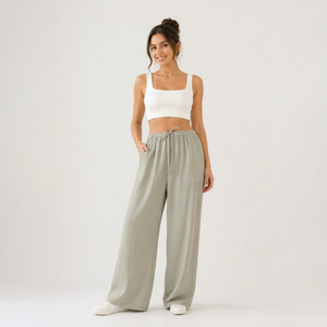 Pantalon en coton à jambes larges de luxe |   Pantalon droit élastique taille haute pour femme, idéal pour la gym, le yoga et les loisirs, avec poches latérales, collection été - Product Image 1