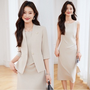 Women's Collarless Suit Dress Two-Piece Set Midi Skirt Three Quarter Sleeve Polyester Satin Anti-Wrinkle Office Lady Style - Product Image 1