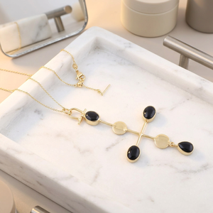 Cross Pendant Necklace Black Onyx Oval & Pear Gemstone 18k Gold Plated Brass Minimalist Religious Jewelry Necklace For Unisex - Product Image 3