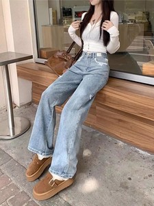 Jeans de Mezclilla <span class=keywords><strong>para</strong></span> <span class=keywords><strong>Mujer</strong></span>, Diseño Nuevo con Lazo, Cintura Alta, Color Sólido, Otoño/Invierno, Pierna Recta Ancha, Pantalones Holgados - Product Image 5