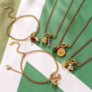 Gold Plated Stainless Steel Pendant Necklace With Red Zircon Charm And Lucky Coin 17cm+5cm <b>Chain</b> Unisex Casual Jewelry - Product Image 4