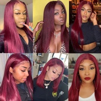 Perruque à dentelle frontale 180% de densité HD transparente, rouge bordeaux 99J, cheveux vierges Remy brésiliens longs pour femmes noires
