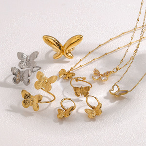 Ensemble de bijoux papillon en acier inoxydable plaqué or, collier, boucles d'oreilles, bagues, accessoires de mode, bijoux pour femmes - Product Image 3
