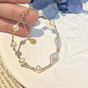 สร้อยข้อมือไข่มุกทรงบาร็อค Zhuji สไตล์หรูหราใหม่ ดีไซน์เฉพาะตัว ทอง 14K พร้อมสายโซ่และจี้ประดับ - Product Image 1