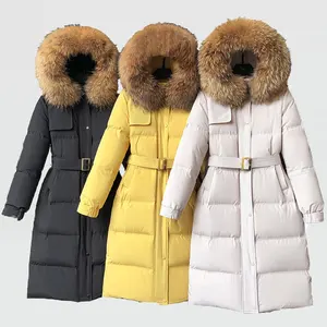 2020 High End Vrouwen Hooded Grote Natuurlijke Wasbeer Vos Bontkraag Witte Eendendons Lange Puffer Jas Met Riem