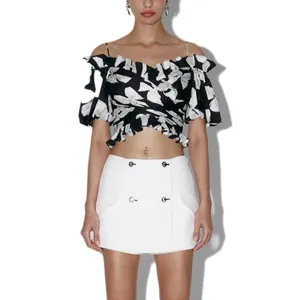 2023 Custom Women Bow Printed Cropped Wrap Top Blouse Off Shoulder Short Sleeves Ruffle Hem Crop Top With Zipper