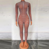 Combinaison de scène sexy, robe de bal transparente en strass argenté et perles, tenue en filet pour fête d'anniversaire, combinaison de danse pour femmes